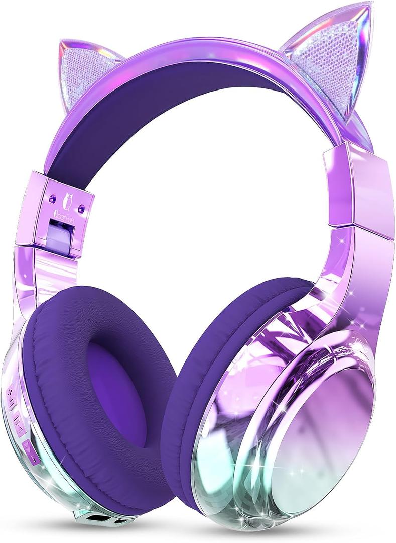 QearFun Kids Cat Ear Bluetooth Headphones, 60H Playtime, 74/85/94dB Safe Volume Limit, Metallic Gradient Wireless Headset with Mic, Fast Charging, Foldable, Wired Mode for Girls School/Tablet/Travel