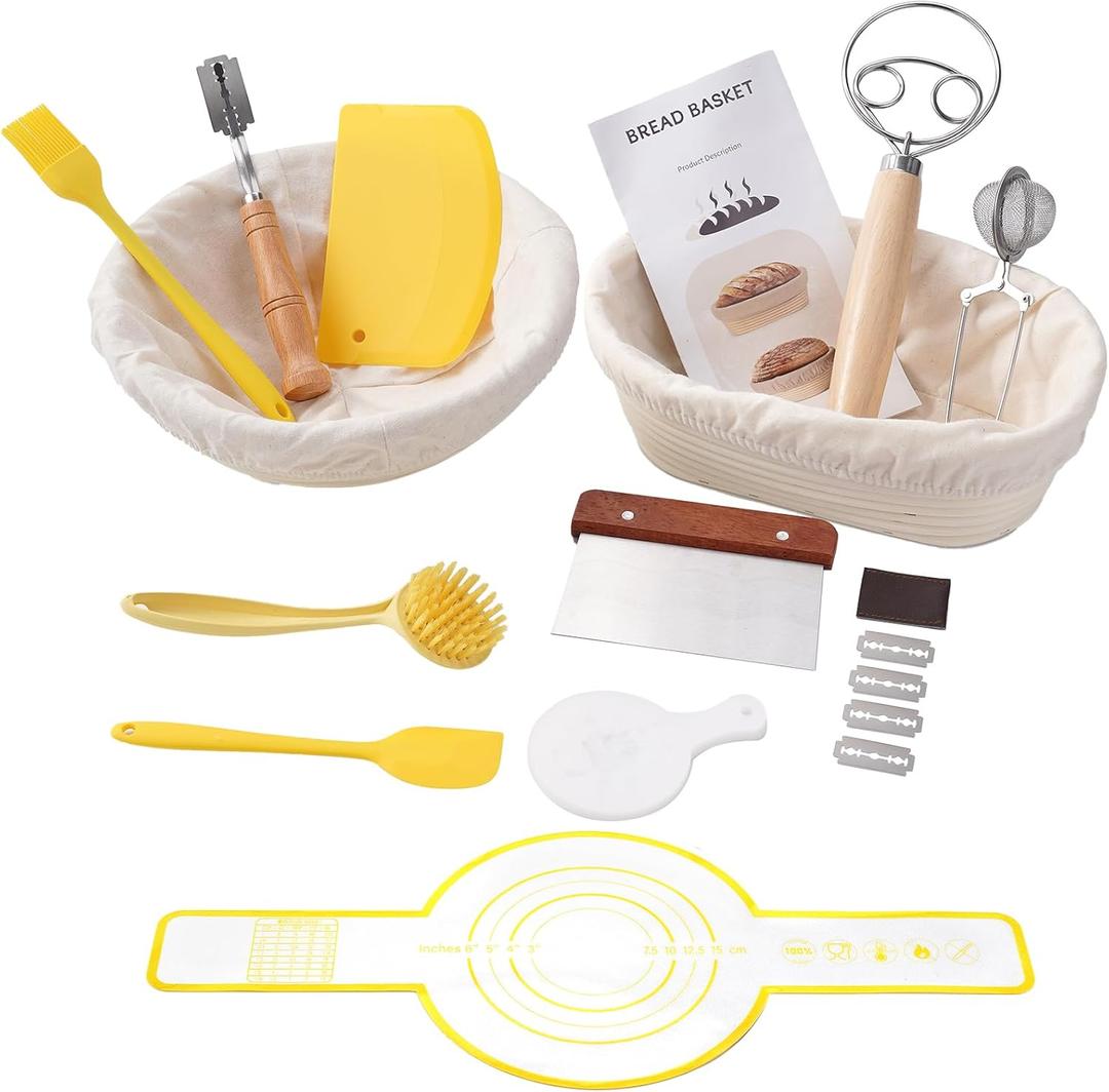 Banneton Bread Proofing Basket Set,9" Round & 10" Oval Banneton Baskets,Sourdough Bread Baking Tools Kit with Sourdough Accessories,Sourdough Starter Kit Gifts for Bakers Women Wife Mom