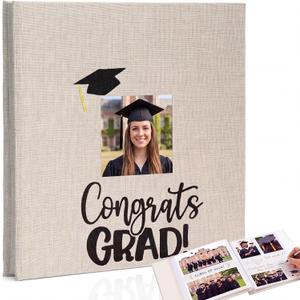 Fumete Beige Class of 2026 Graduation Album Self Adhesive Photo Scrapbook 40 Pages 11.5 x 10.5 Inch Linen Memory Book with Cover Display Window DIY Album for School College Graduate Party Gift