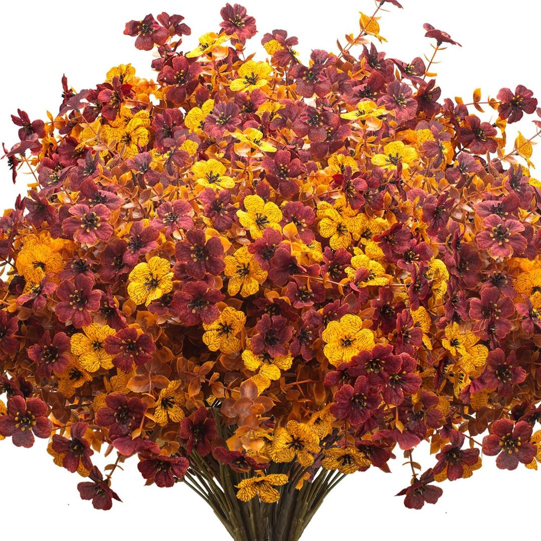 16 Bundles Artificial Fall Mums with Eucalyptus, Faux Daisy UV Resistant Outdoor Decor - Autumn Orange Flowers for Front Door Porch Planter, Patio, Thanksgiving Christmas (Fall Yellow&Red)