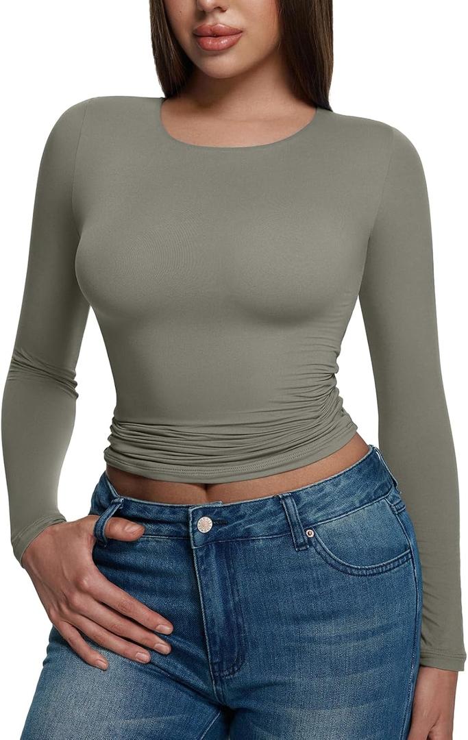 REORIA Long Sleeve Shirts for Women 2025 Fall Fashion Round Neck Basics Y2K Tops Layering Slim Fitted Top (Medium, Grey Green)