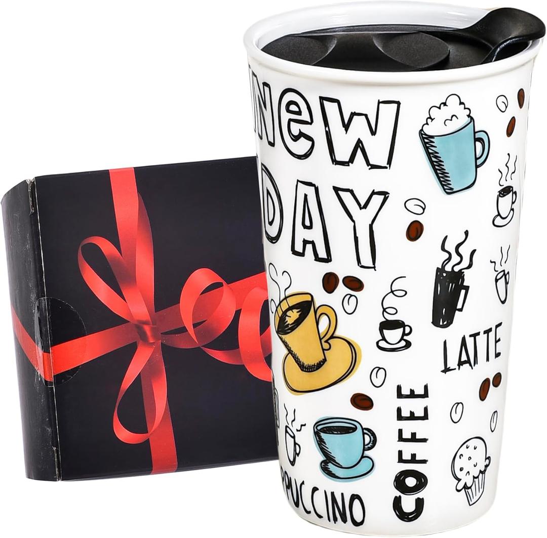 Ceramic Travel Coffee Mug, 12 oz, Portable, Travel Mug with Lid, Double Wall Tall Cup, To Go Tumbler for Car Cup Holder, Splash Resistant Lid, Dishwasher Safe, Gifts for Women Men Her Him (New Day)