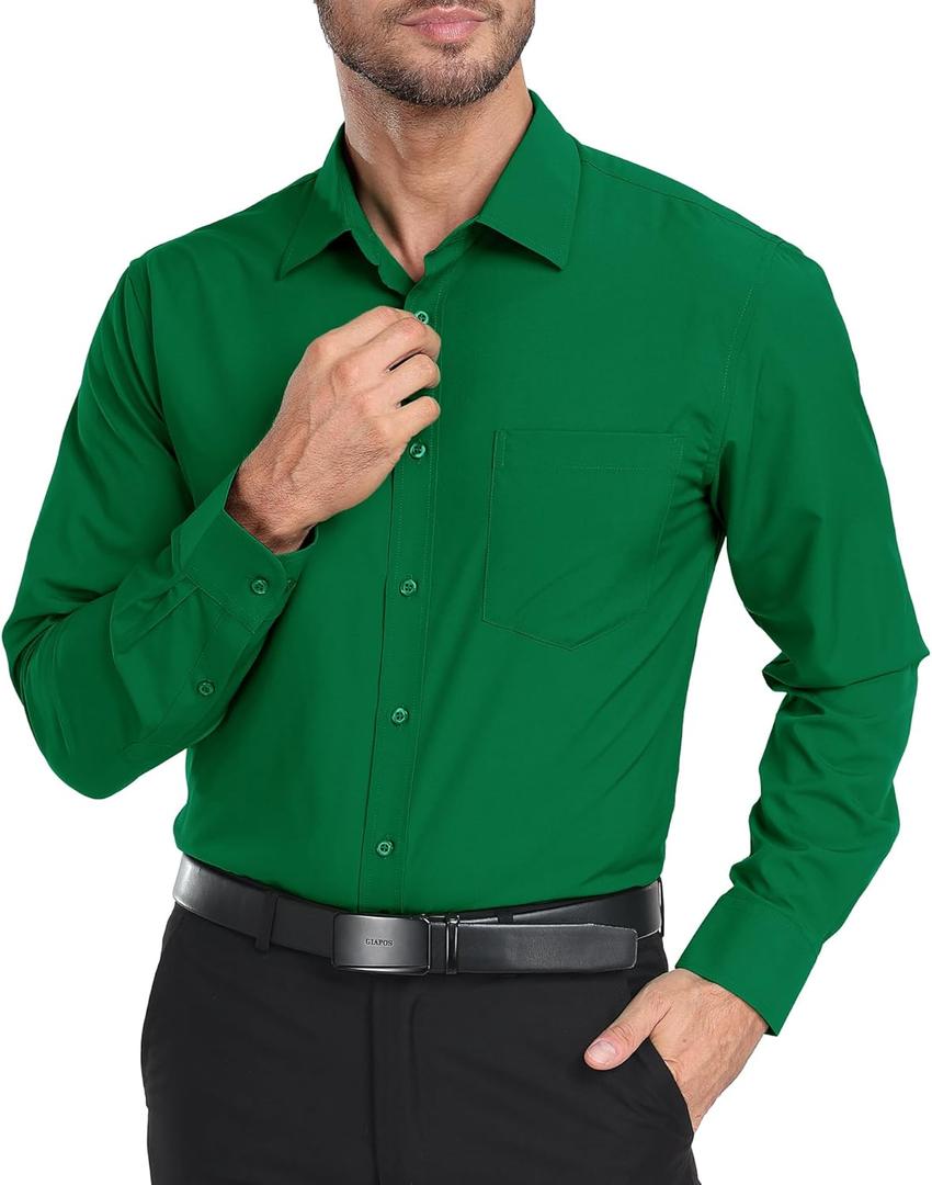 ZITY Men's Dress Shirts Solid Long Sleeve Business Casual Button Down Shirts (Green, XXXL)