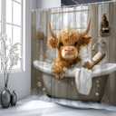 Highland Cow Shower Curtain Funny Bull in Bathtub Bubbles Western Rustic Farmhouse Cattle Cute Calf Wooden Board Watercolor Animal Bathroom Decor Polyester Curtains with Hooks,70Wx70L