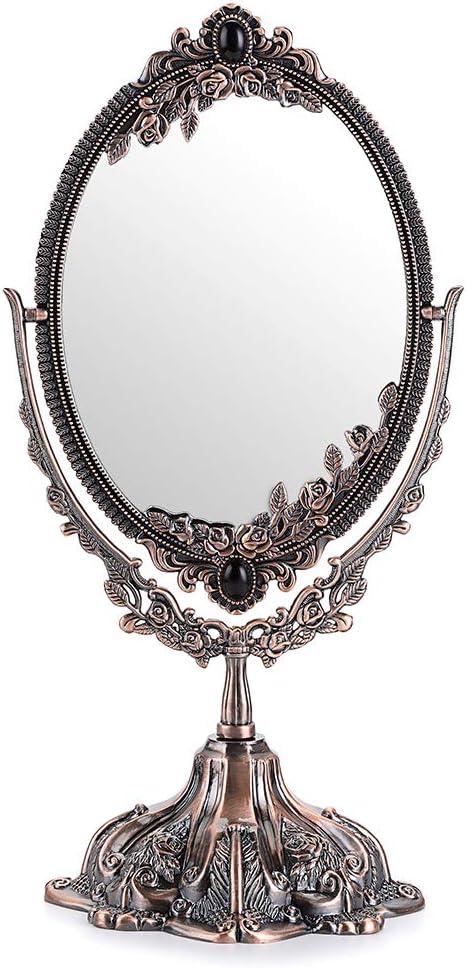 JUXYES Metal Tabletop Antique Decorative Makeup Mirror with Stand, Vintage Swivel Double Sided Cosmetic Mirror with Frame, Retro Desktop Oval Dressing Mirror for Bathroom Bedroom (Red Bronze)