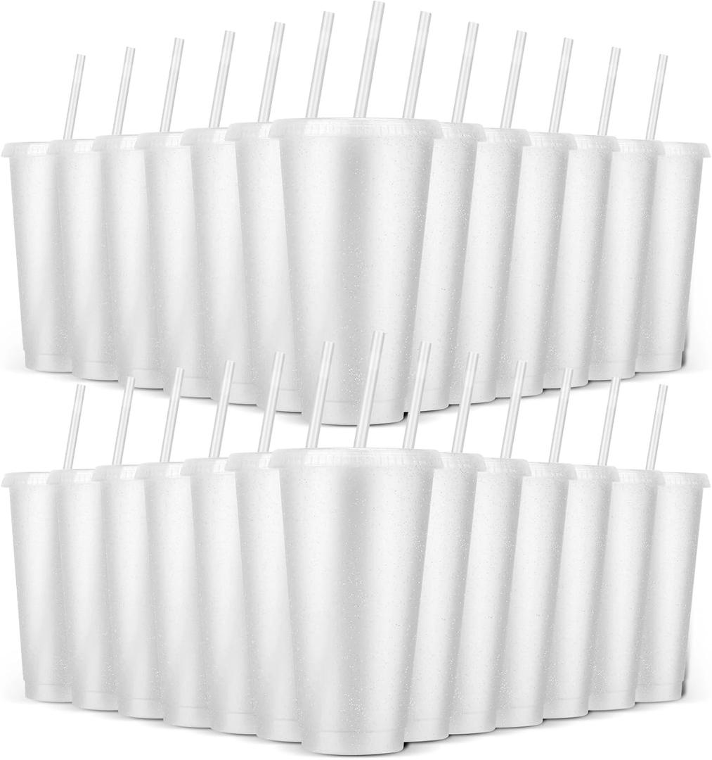 24 Pack Plastic Tumblers with Lids and Straw, Reusable Cups with Lids and Straws White Cups for Cold Drink Iced Coffee, Plastic Tumbler Bulk for Party Birthday Gifts (24 oz, White)