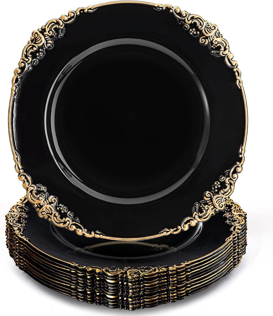 Okllen 12 Pack Plastic Round Charger Plates, 13" Dinner Charger Dessert Plates with Gold Rim, Vintage Charger Serving Plates for Catering, Wedding, Tabletop Decor, Black, Floral Trim Okllen 12 Pack Plastic Round Charger Plates, 13" Dinner Charger Dessert Plates with Gold Rim, Vintage Charger Serving Plates for Catering, Wedding, Tabletop Decor, Black, Floral Trim