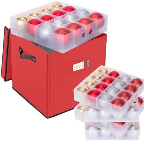 BALEINE Christmas Ornament Storage Box with Dividers, Premium Holiday Ornaments Storage Container Bin for Xmas Decorations (64 Ball, Red, Hard)