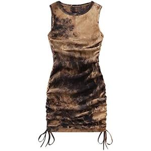 GORGLITTER Summer Dresses for Women 2024 Ruched Bodycon Dress Tie Dye Mini Dress Ribbed Knit Sleeveless Short Dresses Size L