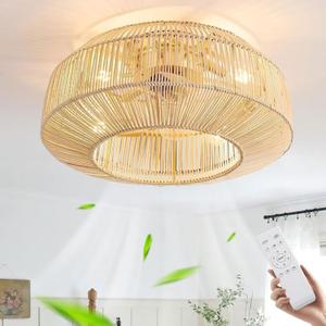 Ceiling Fan with Lighting E27 Vintage Rattan Bamboo Ceiling Fan with Remote Control Quiet Ceiling Lamp with Fan 6 Wind Speeds Lamp with Fan for Living Room Dining Room