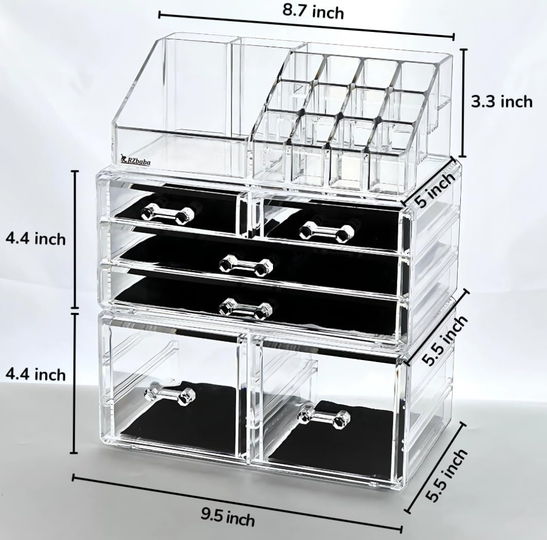 3 Pack Clear Stackable Makeup Organizer with 6 drawers - Cute Vanity Storage for Cosmetics, Jewelry, Skincare and Hair Clips - Acrylic Countertop Display for Bathroom and Desk - Easy to Clean