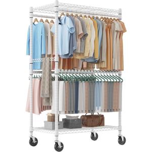 Homdox Heavy Duty Rolling Clothes Rack, Adjustable Clothing Rack for Hanging Clothes, Portable Closet Rack with 4 Hanging Rods, 2 Storage Shelves, 35.5" W x 20.5" D x 80" H, White