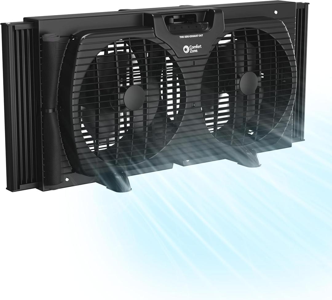 Comfort Zone Window Fan for Bedroom, 9 inch 3 Speed Dual Fans with Auto-Locking Expanders, Window Exhaust Fan, Removeable Bug Screen, Black