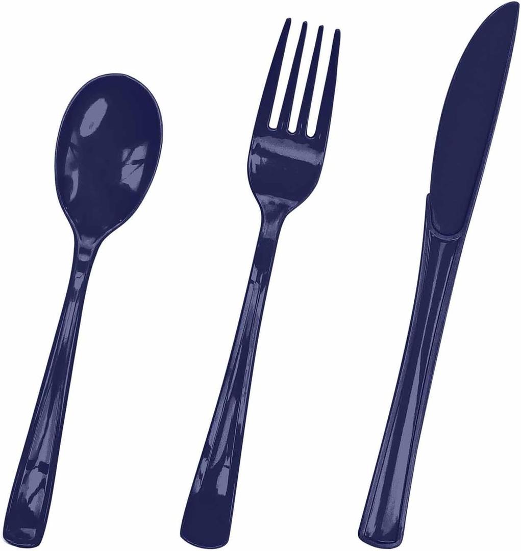 HEIPINIUYE 75 Pack Navy Blue Plastic Cutlery Heavy Duty Blue Plastic Knives Forks and Spoons Disposable Silverware Set for 25 Guest Camping Birthday Baby Shower Party Cutlery Set