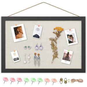 AKTOP Cork Board Bulletin Board with Linen 16.7" X 11", Small Framed Corkboard for Wall, Hanging Pin Board Picture Board for Home Office Decor, Cute Vision Board with 8 Pushpins (Classic Black)