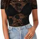 LYANER Women's Lace Top Short Sleeve Crewneck Fitted Mesh Sheer T-Shirt Size M