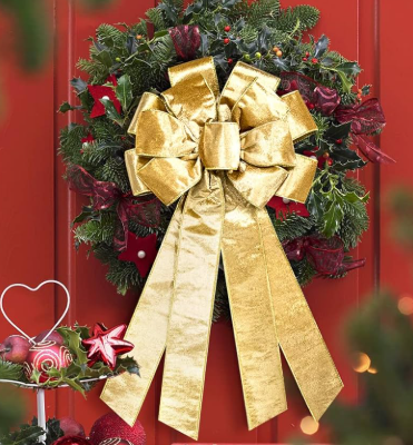 Large Christmas Wreath Bows, Christmas Brown Ribbon Bows for Wreaths, Large Tree Topper Bows for Christmas Home Garden Indoor Outdoor Party Decoration Wreath Ornament Supplies, Gold