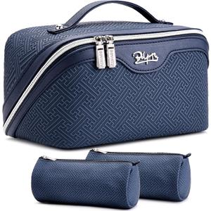 BOYATU Travel Makeup Bags for Women: Vintage Roman Column Texture Large Capacity Cosmetic Bag - Each Journey, Quiet Luxury Serenity - 3 Pcs Set Organizer Toiletry Purse 50% Extra Storage(Indigo)