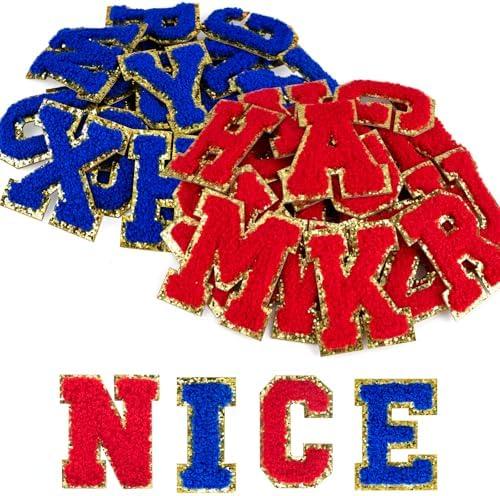 52 Pcs Self Adhesive Letter Patches Chenille Letters Stickers, A-Z Embroidered Applique Patches Alphabet Cloth Patch for Clothes, Bags, Hat, Phone Case, DIY Accessories(Blue and Red)
