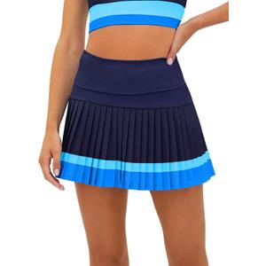 Fisoew Women's High Waisted Tennis Skirts Color Block Pleated Athletic Golf Skorts with Built in Shorts (Blue, L)
