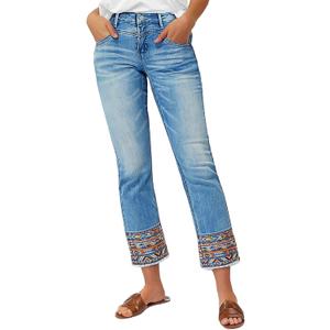 Flamingals Straight Leg Cropped Jeans for Women Trendy Mid Rise Stretchy Tribal Embroidery Raw Hem Ankle Jeans (XX-Large, Light Blue)