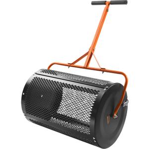 VEVOR Compost Spreader and Peat Moss Spreader, 24" Push/Tow-Behind Roller Lawn Spreader with Height Adjustable T Shaped Handle, Steel Mesh Basket Garden Spreader for Spreading Manure Topsoil, Black
