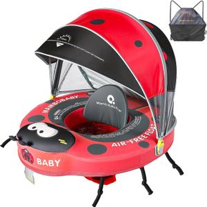 Mambobaby Float with Canopy and Tail, Baby Pool Float New Upgraded Non-Inflatable Infant Swim Mambo Float, Skin-Friendly for Newborn UPF 50+ Sun Protection, Ladybug