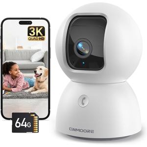 3K Indoor Camera with 64GB Card, Human/Pet/Facial AI Detection, Dog/Cat/Pet Camera Indoor with Phone APP, 5GHz 2.4GHz Dual Band Wi-Fi 6, 360 Pan Tilt Auto Tracking, Night Vision, 2-Way Talk