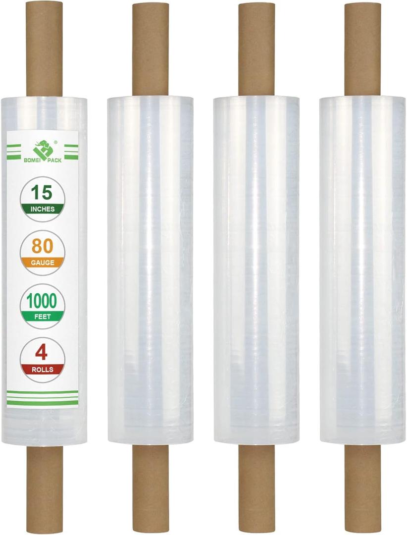 BOMEI PACK Stretch Film Wrap - Industrial Clear Plastic Stretch Wrap 1000 Feet 80 Gauge 4 Packs with Handle, Pallet Wrap for Packing, Moving Supplies, Packing Wrap Plastic Roll 15 Inches