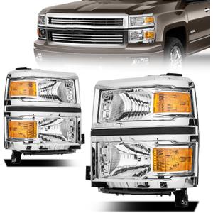 Front Headlight Assembly for 2014-2015 Chevy Silverado Pickup - Replacement Headlamp, Front Bumper Lights (Chrome-Amber)