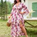 EYWOL Wedding Guest Dress Plus Size Ruffle Bell Sleeve V Neck A Line Flowy Empire Waist Maxi Dresses with Slit (Pink, XL)