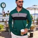 Mens Quarter Zip Polo Shirt Long Sleeve Color Block T Shirts for Men Lightweight Casual Striped Golf Polos (Green, XL)