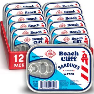 Beach Cliff Sardines in Water, 3.75 oz Can (Pack of 12) - Wild Caught Sardines - 12g Protein per Serving - Gluten Free, Keto Friendly (EXP 04/30/29)
