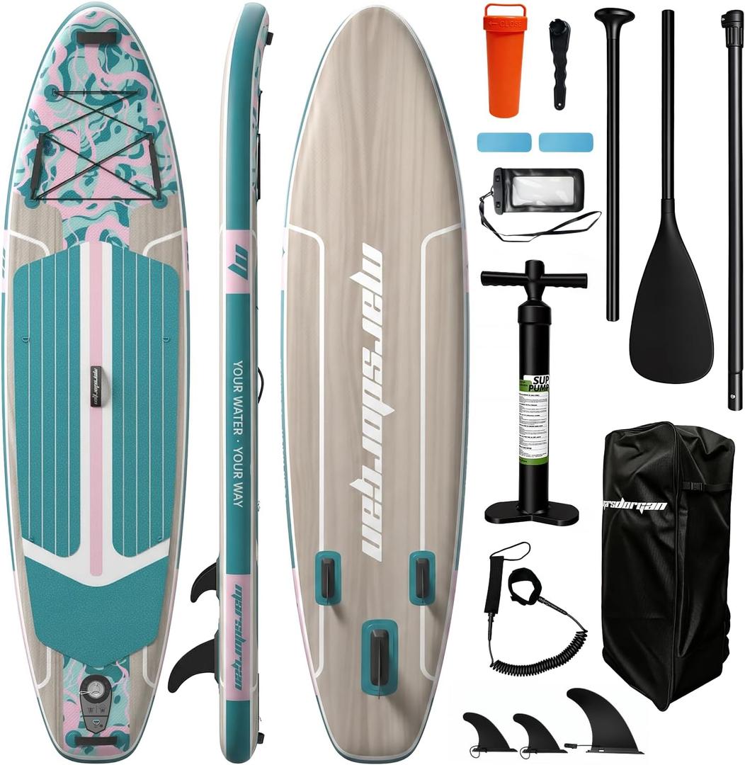 11ft Inflatable Stand Up Paddle Board, Wood Grain Ultra Lightweight SUP, 430lb Capacity for Adults Youth Family, for Fishing Surfing Camping, Includes Backpack & Pump