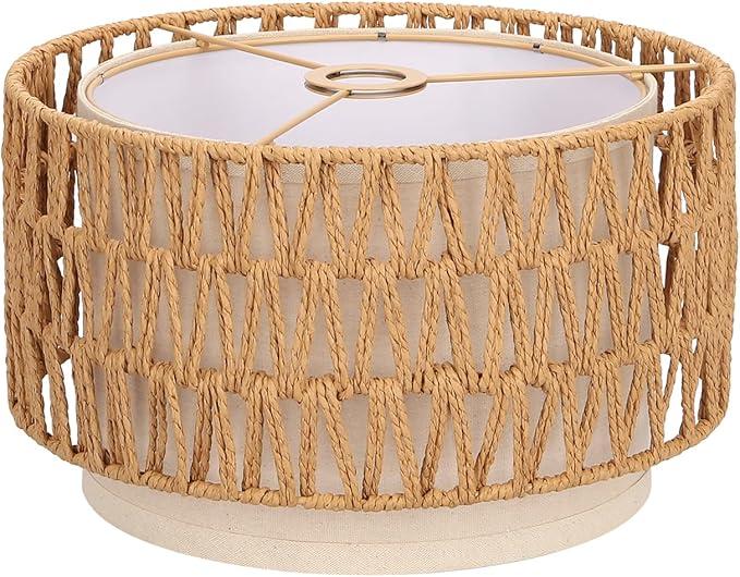 Boho Rattan Lamp Shade, 12.6" Top x 12.6" Bottom x 7.68" High, Natural Rattan & Linen Double Layer Lamp Shades for Floor Lamps Table Lamps Chandelier, UNO Fitter Lampshade Replacement, Easy Assembly