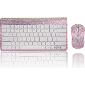 Pink Colorful Bling Luxury Crystal Rhinestone 2.4G Wireless Keyboard Mouse Sets for Laptop Computer, Cute Mouse for Girls - AB Pink
