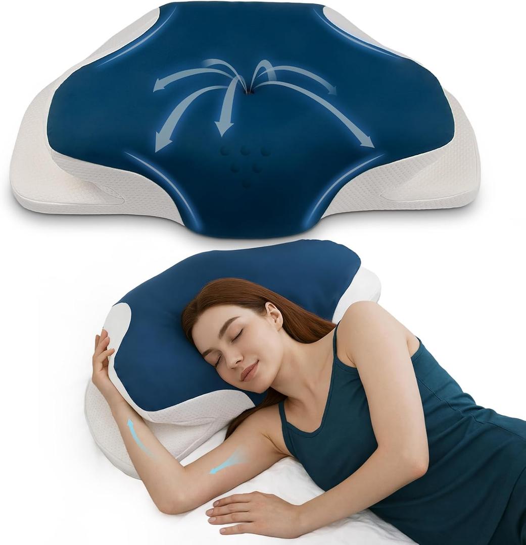 Cervical Neck Support Pillow for Sleeping, Two Heights Memory Foam Ergonomic Contour Pillow, Side Sleeper Pillow for Neck and Shoulder Pain Relief (Blue& White)