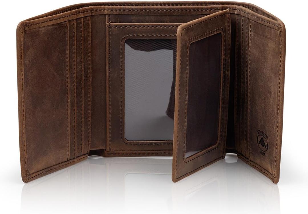 Stealth Mode Leather Trifold RFID Wallet For Men With Flip Out ID Holder | Top grain Napa leather, 3 ID windows, 11 card slots holding 15+ cards a great gift for dads, husbands, and sons