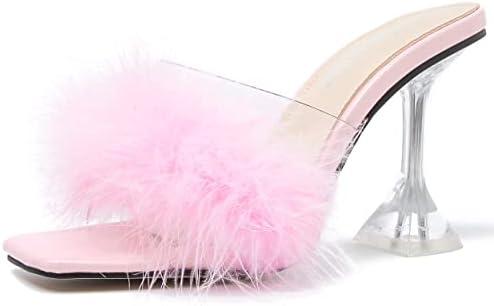 Enelauge Women's Square Toe Sandal Fluffy Feather Clear High Heels Sandals Mules Backless Slip On Slipper Dress Shoes, Size 9