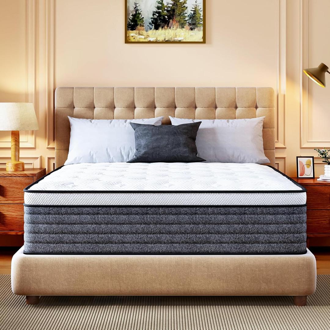Queen Mattress, 14 Inch Hybrid Queen Size, Medium Feel Foam and Individual Pocket Springs, Fiberglass Free Bed Mattress, Extra Edge Support, Pressure Relief, CertiPUR-US