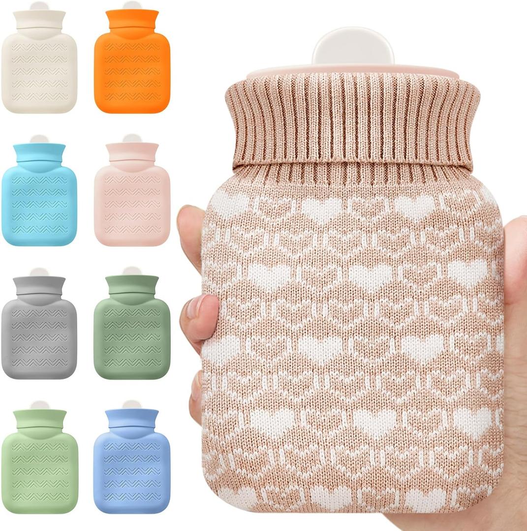 Amylove Mini Hot Water Bottle 320ml for Hot & Cold Compress with Cover Silicone Microwave Heating Small Water Bag for Travel Pain Relief Valentine's Day Gifts(Beige)