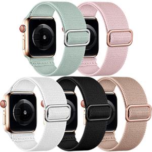 Easuny 5 Pack Stretchy Bands Compatible with Apple Watch 38mm 40mm 41mm 42mm 44mm 45mm 46mm Women, Elastic Fabric Nylon Strap Wristband for iWatch SE 3 2 1 Series 11 10 9 8 7 6 5 4 3 Boho Solo Loop (B6:Light Green/Pink/White/Black/Dark Pink)