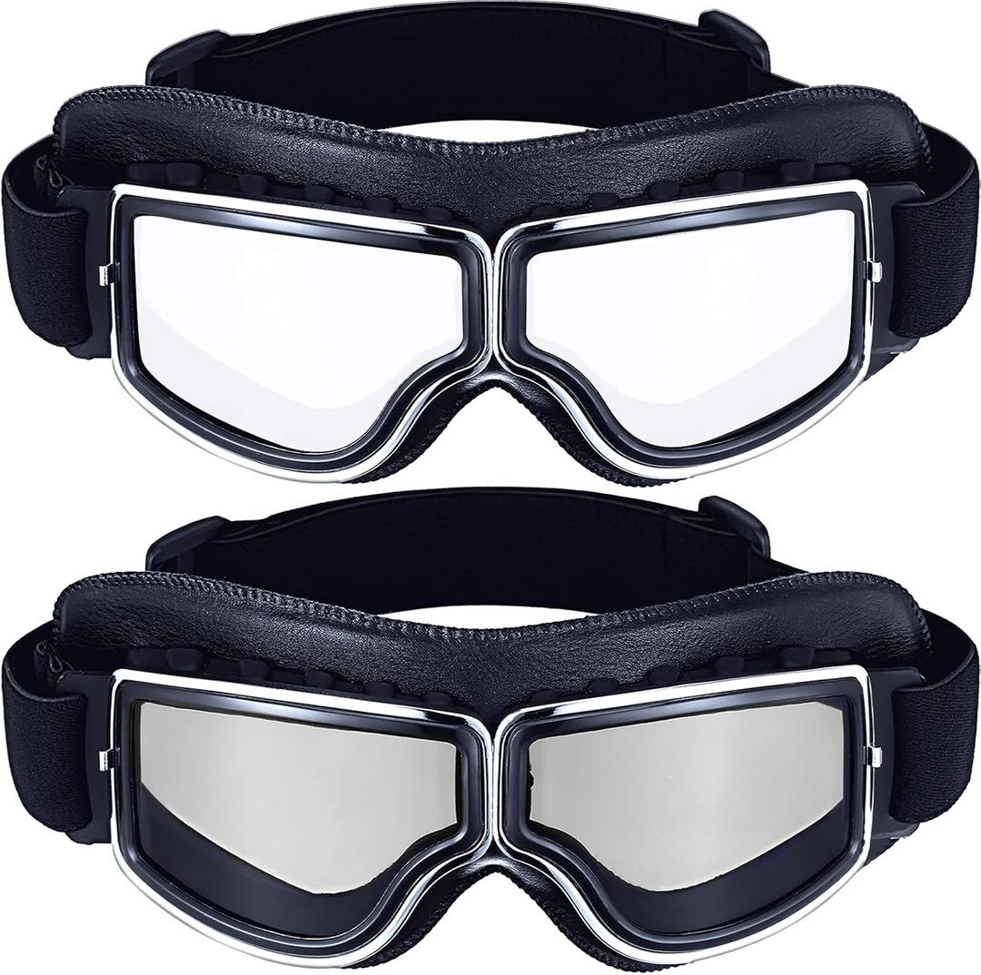 Frienda Pack of 2 Motorcycle Goggles Vintage Pilot Style Cruiser Scooter Goggle ATV Anti-Scratch Dustproof Windproof (Clear, Silver)