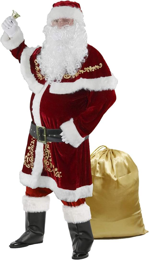 Mens Santa Costume Set Christmas 12pcs Deluxe Velvet Adult Santa Claus Suit (Large)