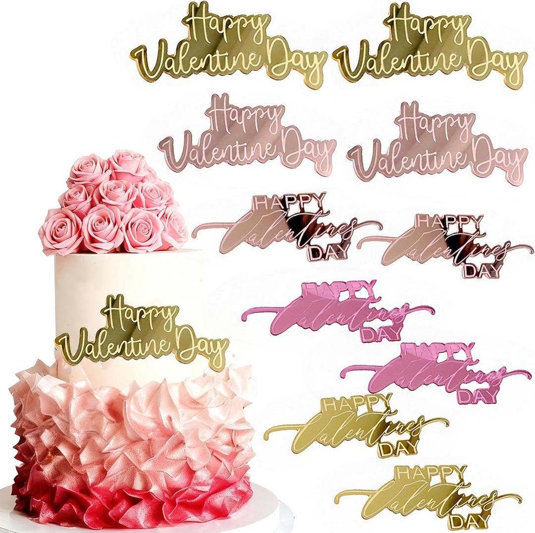 Valentine's Day Cake Toppers Gold Heart Acrylic Mirror side cake decoration, Dessert Decoration for Valentine's Anniversary Engagement Party Cake Decor Supplies 10pcs