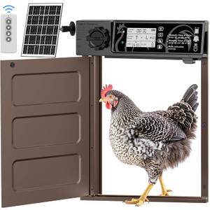 Large Size Automatic Chicken Coop Door Solar - Powered Auto Chicken Door Opener, Automatic Chicken Door with Timer/Light Sensor Modes, Intelligent Obstacle Sensors, Remote Control, 14.76"H x 11.02"L (Brown)