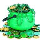 Bylion 5" St Patricks Day Green Plastic Cauldron with 100 Lucky Coins & Bead Necklace, Pot of Gold Pot for Leprechaun Decorations, Green & Gold Coins