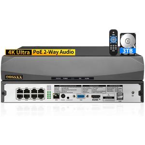 OOSSXX 8.0/4K Megapixel 8-Channel POE NVR Network Video Recorder, Supports up to 8 x 8MP/4K IP Cameras, Max to 8TB Hard Drive (3TB HDD Included)