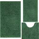 Green Bathroom Rug Chenille 3-Piece Extra Soft and Absorbent Shag Bath Mat Set, Machine Wash Bathroom Rug Set, Strong PVC Non-Slip Underside, Plush Carpet Bath Mat (Dark Green)