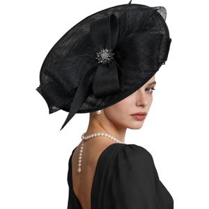 Kgromfy Women's Wide Brim Fascinator Hat Tea Party Headband Large Vintage Church Hat Lady Headwear for Derby Wedding Cocktail